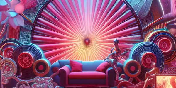 A vibrant digital scene combining Japanese culture and modern elements, portraying abstract adult entertainment with film reels and cherry blossoms.