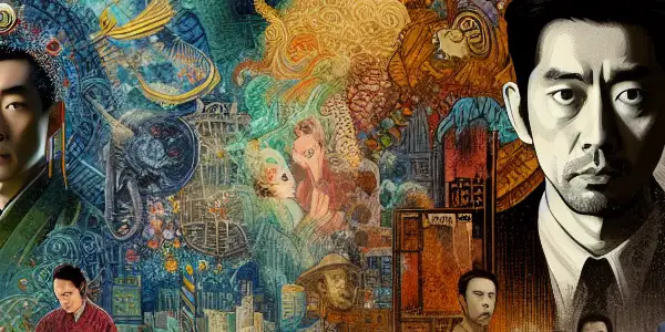 A split scene featuring a Japanese director and a Western director, blending elements of their iconic films and artistic influences.