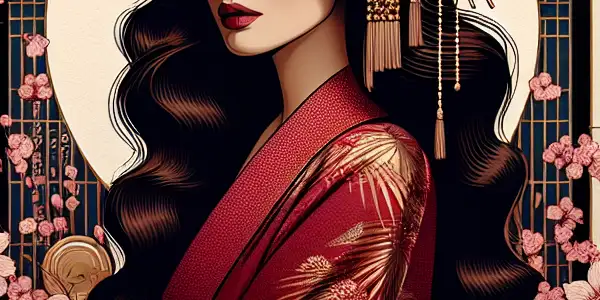 A glamorous, confident woman blends Eastern and Western fashion on an opulent film set adorned with cherry blossoms and Hollywood elements.