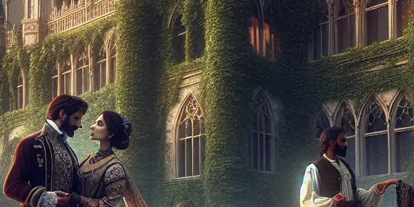 A romantic scene featuring elegantly dressed characters in a lush, historical landscape with a grand ivy-covered castle.
