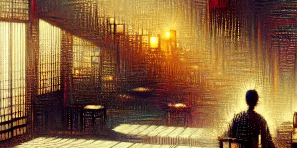 Intimate Japanese room with intertwined silhouettes, evoking tension and mystery through muted colors and soft shadows.