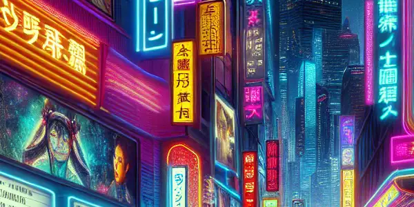 A vibrant neon-lit cityscape showcasing diverse individuals exploring adult entertainment, featuring cinemas and dynamic digital screens.
