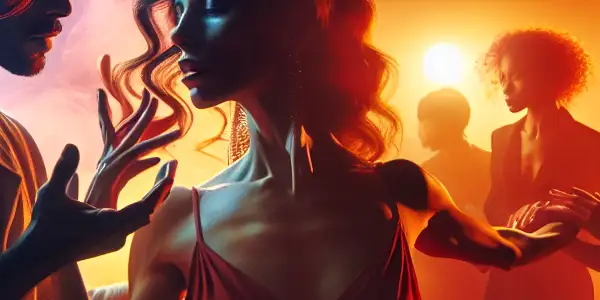 A passionate performance by actors on a vibrant film set, surrounded by intimate lighting and filmmaking elements.