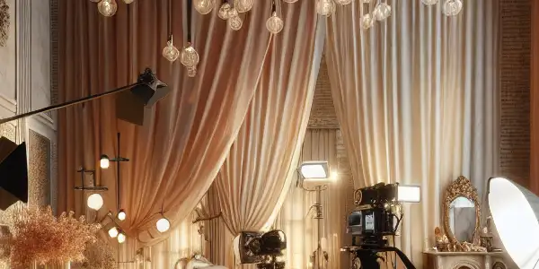 An intimate erotic photography studio with professional equipment, soft colors, and artistic setups for adult film production.