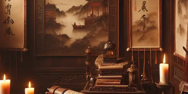 A traditional Chinese study room filled with ancient texts, romantic paintings, and soft candlelight, evoking intimacy and allure.