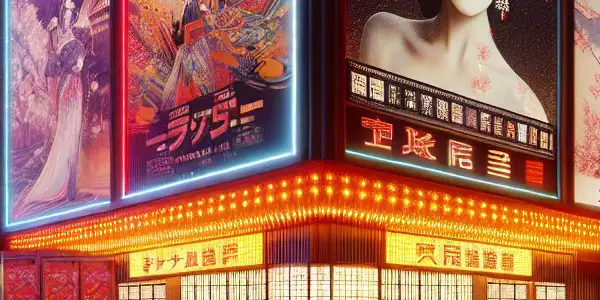 A lively Japanese cinema scene showcasing diverse viewers, neon lights, and a prominent poster of actress Yua Mikami.