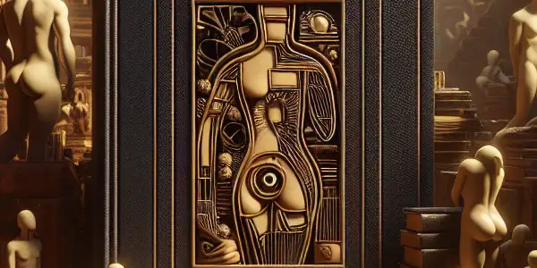 A classic library with aged books contrasts with silhouettes of desire and a modern adult film set.