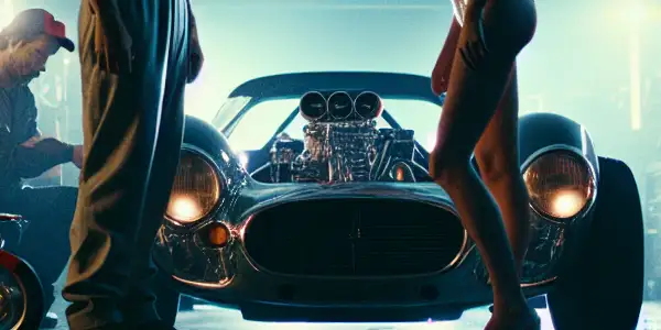 A mechanic and a woman share an intense gaze in a dimly lit auto repair shop with a sleek sports car.