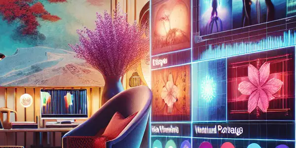 A futuristic computer interface showcasing colorful adult film thumbnails in a stylish, intimate room.<a href=
