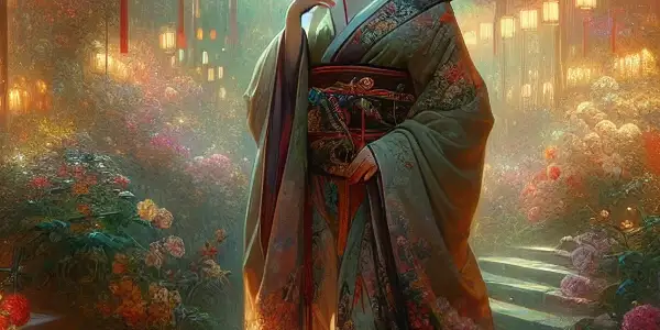A sensual protagonist in an enchanting garden, surrounded by vibrant flowers and glowing lanterns, exuding allure and mystery.
