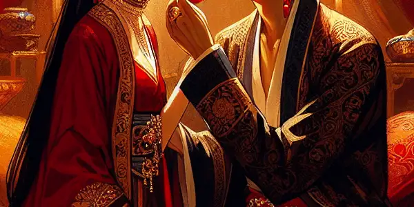 A passionate interaction between a handsome man and a stunning woman in an intimate, opulent room.