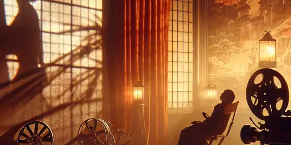 A dimly lit room with a vintage film projector, silhouettes of two figures, and hints of erotic cinema.