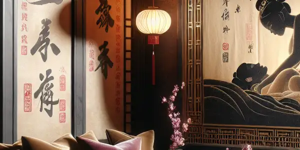 A stylish, dimly lit room blending Chinese and Japanese aesthetics, featuring a vintage projector and intimate decor.