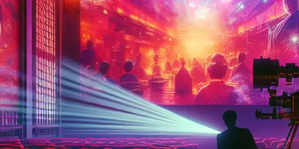 A vintage projector illuminates a cozy, neon-lit adult film screening room with a shadowy figure watching intently.