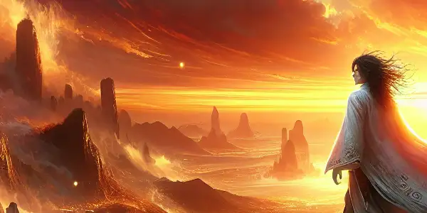 A heroic figure stands bravely on a cliff, overlooking a vibrant landscape at sunset, embodying courage and selflessness.