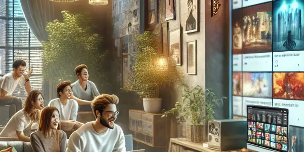 A cozy study room with diverse individuals discussing Japanese AV movies, surrounded by snacks and a vibrant blog interface.