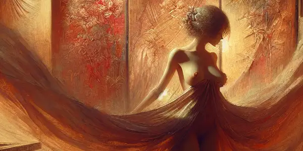 An intimate scene featuring an elegant character embodying sensuality in a dimly lit setting, hinting at erotic themes.