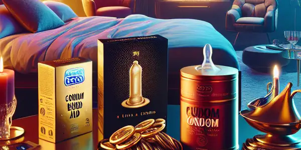 A modern bedroom scene featuring an elegant display of premium condoms with a blurred AV film in the background.