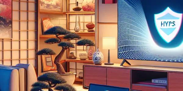 A cozy living room with a large screen displaying abstract visuals, promoting safe enjoyment of Japanese adult films.