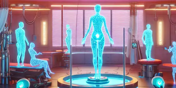 A futuristic film set showcasing advanced health standards in the 2026 Japanese adult film industry with high-tech monitoring systems.