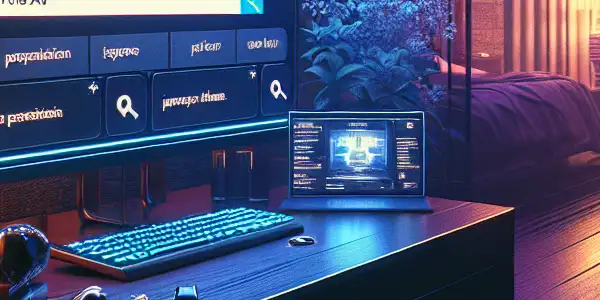 A dimly lit room with modern technology, featuring a computer displaying a private AV search interface and genre-specific DVDs.