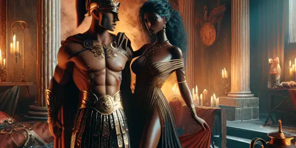A powerful gladiator and an alluring woman share a tense, intimate moment in a lavish Roman villa.