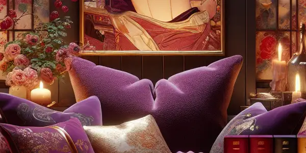 A cozy reading nook filled with sensual books, wine, and soft lighting, evoking intimacy and allure.