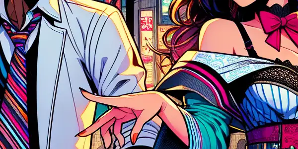 A playful interaction between two characters in a vibrant Japanese city setting, blending humor and adult themes.