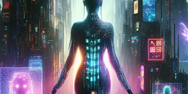 A neon-lit cyberpunk cityscape featuring a mysterious humanoid figure amidst floating digital elements and ethereal beings.