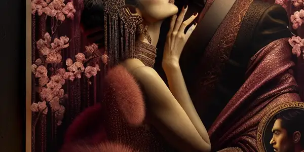 A couple shares an intimate moment in a luxurious, dimly lit room, evoking romance and desire.