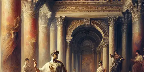 A lavish Roman palace scene featuring a charismatic emperor and courtiers in intimate, provocative interactions.
