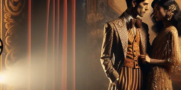 A romantic couple embraces on a vintage film set, surrounded by warm lighting and nostalgic Italian elements.