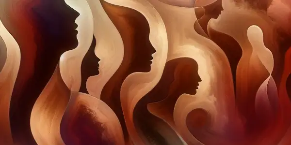 Abstract human silhouettes in warm hues, evoking sensuality and intimacy in a dreamy, artistic atmosphere.