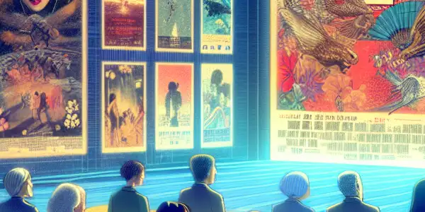 A vibrant film festival showcasing diverse discussions about adult cinema, with colorful posters and abstract visuals in a cozy atmosphere.