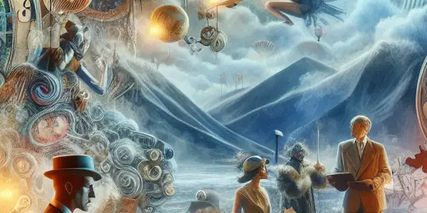 A vibrant film set showcasing stylized characters blending Western and Japanese adult entertainment aesthetics.