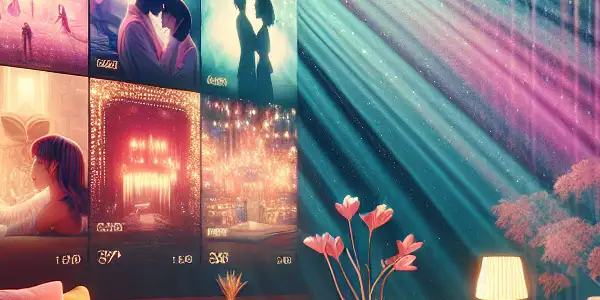 A modern digital interface displaying vibrant adult film thumbnails in a cozy, sophisticated setting.