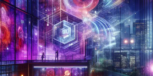 A futuristic office showcasing adult film production with holographic scenes and diverse genre representations.