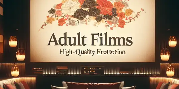 A luxurious viewing room showcasing a split-screen of American and Japanese adult film culture with elegant decor.