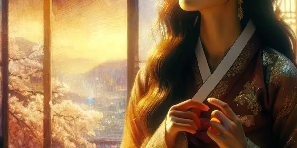 A mysterious Korean woman in a hanbok reflects on desire in a dimly lit traditional room.