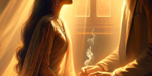 A tender moment between a couple in a softly lit, romantic room filled with intimate details.