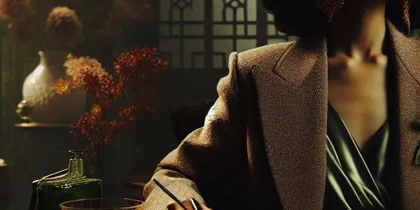 A seductive woman in an intriguing, dimly lit room, surrounded by symbols of passion and betrayal.